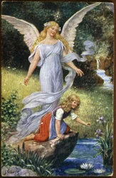 őrangyal vigyáz egy gyerekre, 1910 körüli (képeslap)