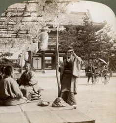 Lelógó wisteriafürtök egy teaház tornácán, Kiotó, Japán, 1904