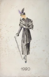 Kabátot és tollas sapkát viselő, esernyőt viselő modell, 1920