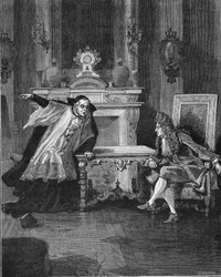 1715: XIV. Lajos francia király (1638-1715) meghallja Michel Le Tellier (1643-1719) atya, jezsuita gyóntatója szavait. századi metszet. Jules Michelet „Histoire de France” című művében