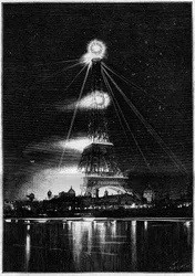1889-es világkiállítás: az Eiffel-torony bengáli tűzzel megvilágítva a kiállítás megnyitójának estéjén, május 6.