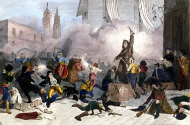 1808.02.05.: Madridi felkelés Spanyolország francia hatalomátvétele ellen. Litográfia 1830 körül.