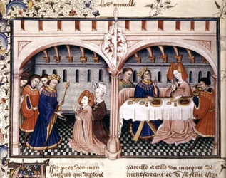 6. novella: Giovanna Federigo Alberighivel ebédel, Boccaccio Dekameronjából (1432) készült illumináció.