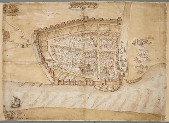 Hull városának 16. századi ábrázolása. Ez a térkép Hull városát mutatja, ahol a Hull folyó a Humber-torkolatba torkollik. Egyike annak a tervsorozatnak, amelyet a partvédelem állapotának bemutatására készítettek 153 végén.