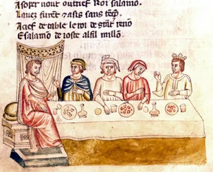 Bankettjelenet: egy király és vendégei - Miniatűr a „Spanyolország Entrree” kódexéből” (Ms.Franc.21) 14. század. Biblioteca Marciana, Velence.