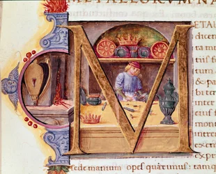 Egy kovács dolgozik a műhelyében. Idősebb Plinius (i.sz. 23-79) római író és természettudós kézírásos „természettörténete” 15. századi Velence Biblioteca Marciana