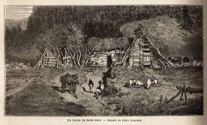 A Mont-Dore (Mont Dore) épülete, amely Közép-Franciaország hegyi legelőin található, szezonálisan működik, májustól októberig sajtot készítettek és teheneket tartottak. Metszet a közép-franciaországi vulkánokhoz vezető utazás szemléltetésére 1864-ben,