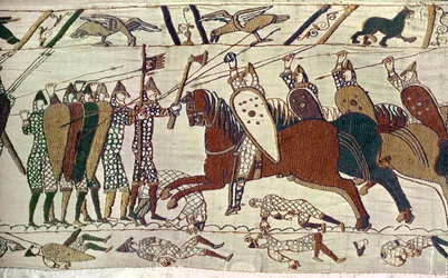 Lovassági támadás. Bayeux-i faliszőnyeg, hímzés (faliszőnyeg)