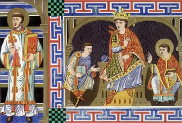 A tizedik század népét illusztráló diakónus, nemesi alak, király és eveque; A tizenkilencedik század illusztrációja a „tizedik századi Franciaországból” származik.