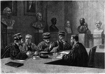 Ezek védekezése a párizsi latin negyed orvosi iskolájából. Metszet a „Le journal de la jeunesse”-be