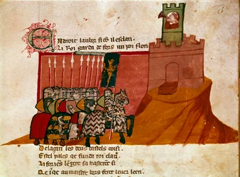 Egy csapat franklovag érkezik egy miniatűr kastélyba „Spanyolország Entree-jából”. 14. századi Velence, Biblioteca Marciana.