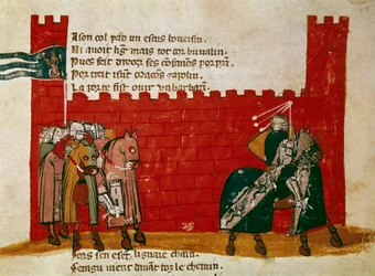 Egy csoport lovag elhagyja a miniatűr kastélyt ""Entree of Spain"-ból". 14. századi Velence, Biblioteca Marciana