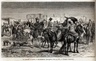 Lovas séta Shurakhanban (Kirgizisztán vagy Kirgizisztán). Emile Bayard (1837-1891) rajza, Arminius Vambery (dervisbe öltözött magyar tudós álruhája) 1863-as közép-ázsiai utazásának illusztrálására. Gravírozás az Edou által szerkesztett „” Le tour du monde”