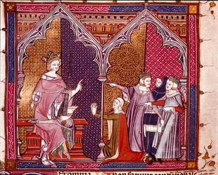 Egy igazságszolgáltatást végrehajtó király Miniatűr a „Justiniani in Fortiatum”-ból” Az Escorial kolostor 14. századi királyi könyvtára, Spanyolország