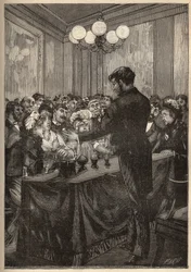 Egy bűvész, aki szerecsendió-dobozt használ, hogy megjelenjen és eltűnjön egy labda. Metszet 1885-ből Adolphe BITARD „” Les arts et metiers illustres” című könyvébe.