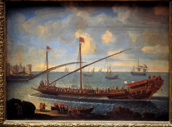 Királyi gálya visszatér a kikötőbe Ez az 1679-ben épült „Reale de France”. 17. századi névtelen festmény. Párizs, Musee de la Marine