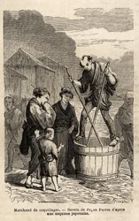 Egy kagylókereskedő az utca közepén egyensúlyozva emelkedik fel az áruit tartalmazó hordón, amelyet két hosszú pálcikával vonszol. Aime Humbert, a Svájci Államszövetség miniszterének 1863-1864-es japán utazását illusztráló metszet az „L.