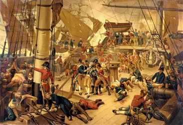 Nelson admirális súlyosan megsebesült a Victory Bridge-en a trafalgari csata során 1805.10.21-én.