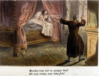 Házasságtörés: egy meglepett szerzetes, aki el akar rejtőzni, és egy meztelen nő az ágyban. Litográfia, dátum nélkül, 19. század eleje.