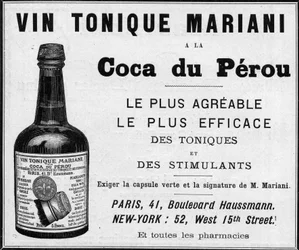 1889-es reklám a „Bor tonik Mariani a la coca du perou” (kokain) számára