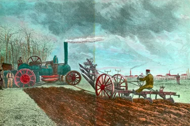 Mezőgazdasági munka és haladás: gőzszántás. századi metszet Magángyűjtemény