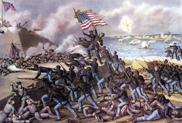Amerikai polgárháború (1861 - 1865): 2000 fekete önkéntes támadása a Georgia partjainál fekvő Jekyll Islanden található Fort Wagner ellen, 1863 júliusában. 19. századi metszet.