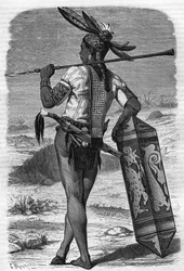 Egy bennszülött dayak lakos a malajziai Saravakban a 19. században az 1888-as „Youth Journal”-ban.