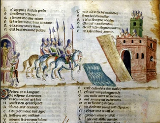 Egy hadsereg egy várhoz közeledik. Miniatúra Benoît de Sainte-Maure „Roman de Troie” című művéből. 14. század, Biblioteca Marciana, Velence.
