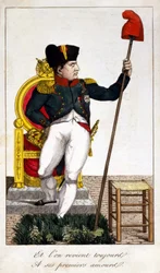 És mindig visszatérünk első szerelméhez, egy karikatúrához I. Napóleon 1815-ös hatalomátvételéről (Száz nap epizódja).