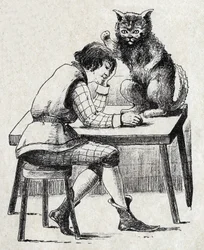 Névtelen illusztráció a „Le chat Botte”-hoz, Charles Perrault (1628-1703) francia író meséje. Képek Marcel Vagne, Jarville Nancy, dátum nélküli (19. század vége).
