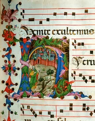 Antiphonárium az 5. jegyzetben, olyan könyv, amely a kórus által a mise alatt énekelt énekeket tartalmazza (pergamen).