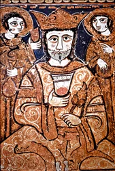 A szicíliai Roger II (1095-1154) arabonormand stílusú portréja magas méltóságokat vesz körül. Festészet a XII. századból. Palermo, Cappella Palatina del Palazzo Reale (a Királyi Palota nádori kápolnája) Szicília, Olaszország