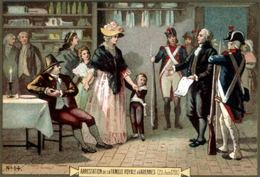 A királyi család (XVI. Lajos és Marie Antoinette gyermekeikkel) letartóztatása Varennes-ben (1791.06.22.). Kromolitográfia 19. század.