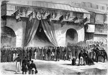 1864. szeptember 19-én megérkezett Algírba Mac-Mahon (Mac Mahon) (1808-1893), Algéria főkormányzójává kinevezett marechal. Polgári és katonai hatóságok fogadása az Admiraut páncélszekrénye alatt.