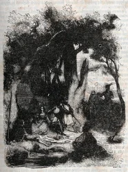 Rodomont és Mandricard érkezése a Merlin-kúthoz - Ludovico Ariosto (16. század) „” Roland furieux” (Orlando furioso) metszete (16. század), Ariosta néven ismert – Tressan gróf olasz nyelvről fordított kiadása, kiadó: