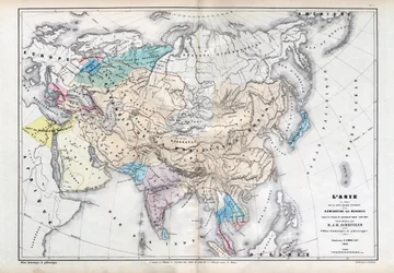 Ázsia a legnagyobb kiterjedésű mongol uralom idején Qubilai (Kubilai kán) uralma alatt (1260-1294) - A térképet készítette: M J-H Schnitzler, Történelmi és festői atlasz 1857