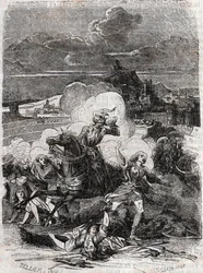 Astolfo menekülésre készteti a gyilkos nőket - 1851-es metszet Ludovico Ariosto, más néven Ariosto „Őrjöngő Roland” (Orlando furioso, XVI. század) című művéből - az olaszból Tressan gróf fordította, Gustave Harvard adta ki 1851-ben