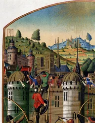 Philippe Auguste kastélyának támadása, kilátással Párizsra és a Montfaucon akasztófára a 100 éves háború idején, a 15. század közepe. (14103. részlet).