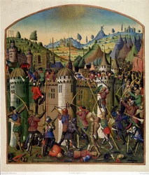 Philippe Auguste kastélyának támadása, kilátással Párizsra és a Montfaucon akasztófára a 100 éves háború idején, a 15. század közepe.