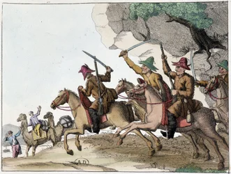Kirgizek (mongol származású közép-ázsiai törökök) egy csoportja megtámadta a tevekaravánt lóháton, Deb. 19. század