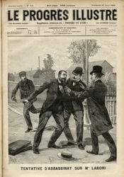 Fernand Labori (1860-1917), Alfred Dreyfus (1859-1935) védelmében álló ügyvéd támadása Rennes-ben golyóval találta el a hátát, amikor az ügy elbírálásának helyére tartott. Az 1899. augusztusi „The Progres Illustré” borítója (engravi