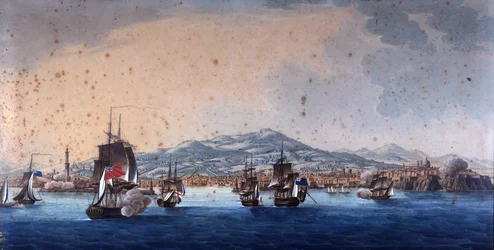 Csata a Genes Harborban francia és angol hajók között. Andre Massena vezeti a Genes főhadiszállását. századi névtelen festmény. Museo Navale de Genova Pegli.