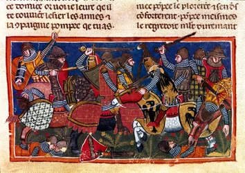 Csatajelenet Miniatűr egy francia kódexből pergamenre „A rómaiak tényei””, amely az ókori történelmet meséli el Jules Cesarig (Kr. e. 101-i. e. 44). 13. századi Velence, biblioteca Marciana
