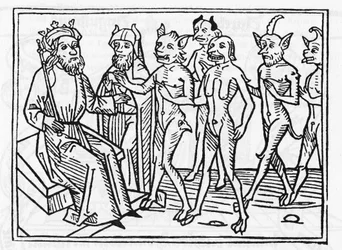 Belial pere: „A négy másik démon kíséretében lévő Belial démon Salamon bíró elé járul.” „Metszet Jacobus de Teramo (vagy Palladino) Belial pere című művéből, Augsburg“