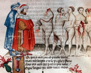 Bertrand de Born tartja lefejezett fejét (28. dala a pokolból, az Isteni színjátékban) - miniatűr XV. század,