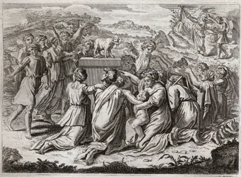 Royaumont Biblia, Ószövetség: Az Aranyborjú imádása. Mózes a hébereket és az aranyborjút látva megszegi a törvénytáblázatokat. Illusztráció 1811-ből.