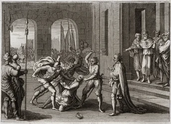 Royaumont Bibliája, Ószövetség: Agag megment. Saul Isten parancsa ellenére megmentette Agágot, az amálekiták királyát. Isten Sámuel által teszi őt tanúvá haragjáról, aki Agág megölésével helyrehozta Saul hibáját. Illusztráció 1811-ből.
