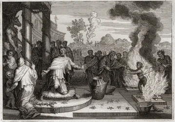 Royaumont Biblia, Ószövetség: Akház szentségtelen király. A gonosz Akház, Júda királya bosszantja Istent, és az ellenség kezébe kerül. Illusztráció 1811-ből.