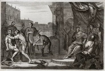 Royaumont Biblia, Ószövetség: Dávid követei. Dávid Joábot küldte az ammoniták ellen, hogy bosszút álljon azért a gyalázkodásért, amelyet Hanon, a hercegük követett el követei ellen, akiket kémeknek tartott. Illusztráció 1811-ből.