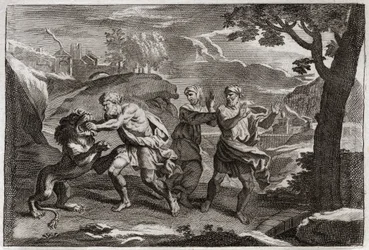 Royaumont Biblia, Ószövetség: Sámson születése. Sámson darabokra tép egy oroszlánt. Illusztráció 1811-ből.